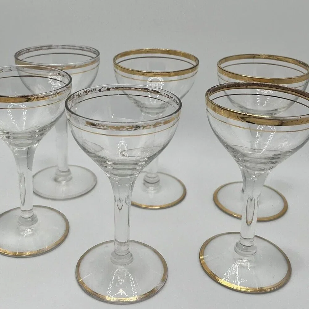 Vintage 60s MCM Glass Pitcher Brass Bottom With 6 Coupe Glasses W/ Gold Trim